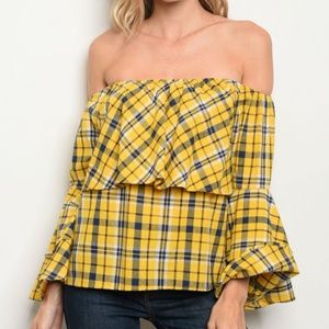Tops - MUSTARD PLAID PRINT TOP Tops - MUSTARD PLAID PRINT TOP